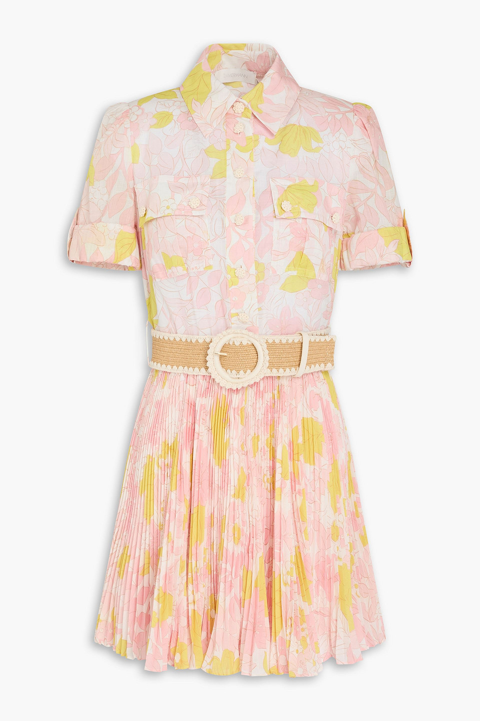 zimmermann - belted floral-print slub woven mini shirt dress - pink - 4
