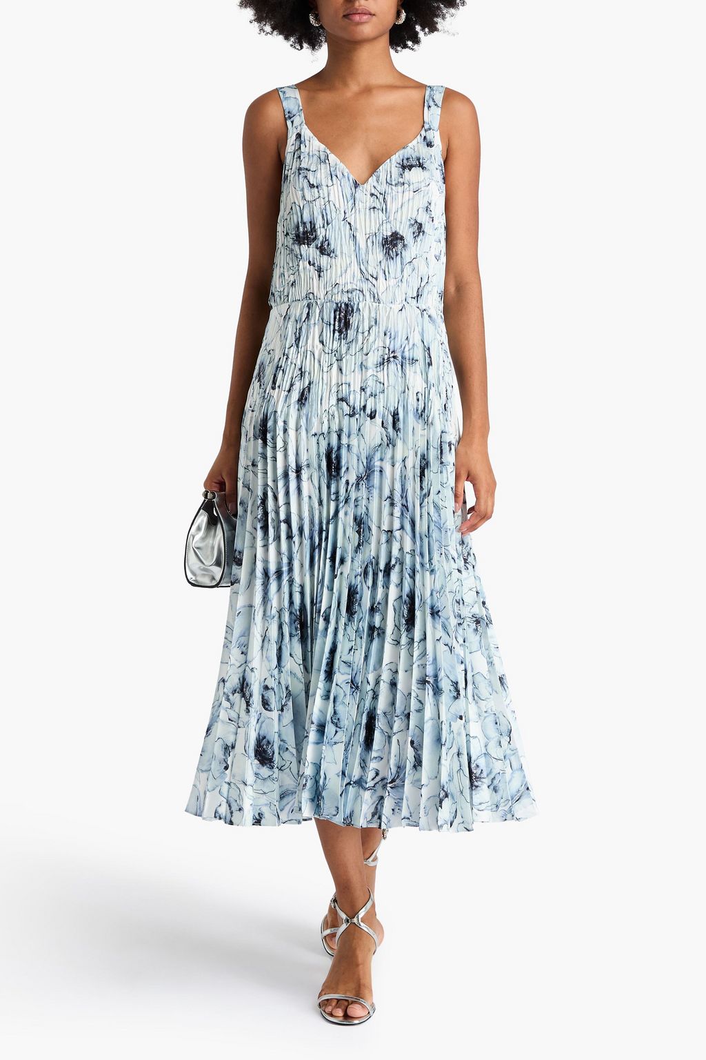 VINCE. Pleated floral-print satin midi dress