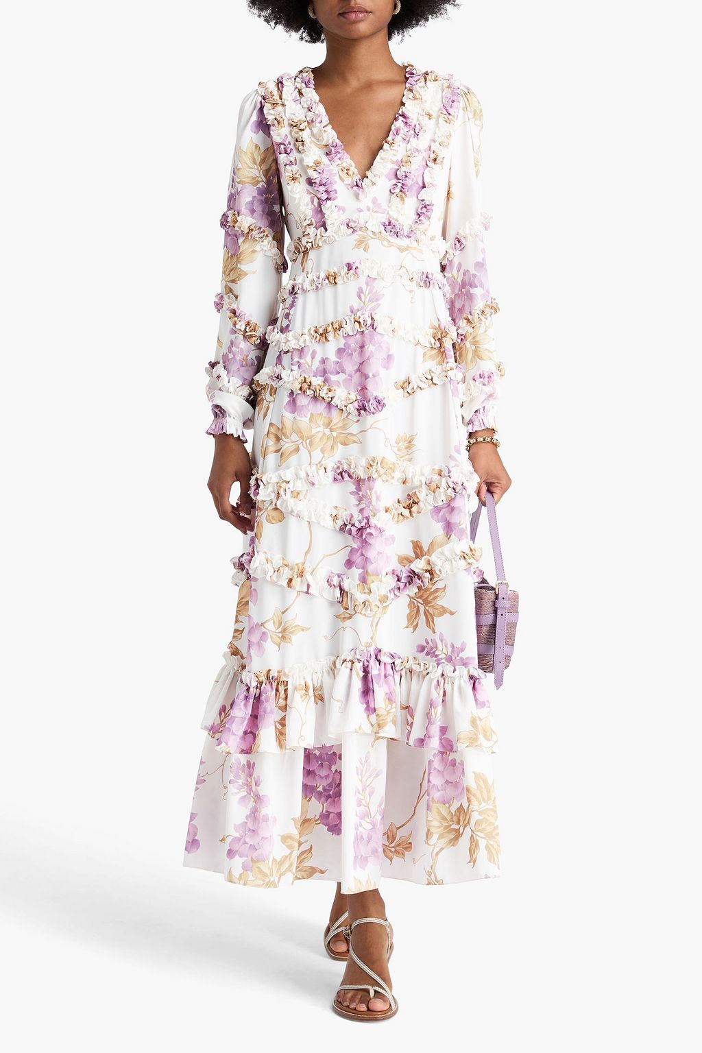 NEEDLE & THREAD Gestuftes Maxikleid aus Crêpe de Chine mit floralem Print