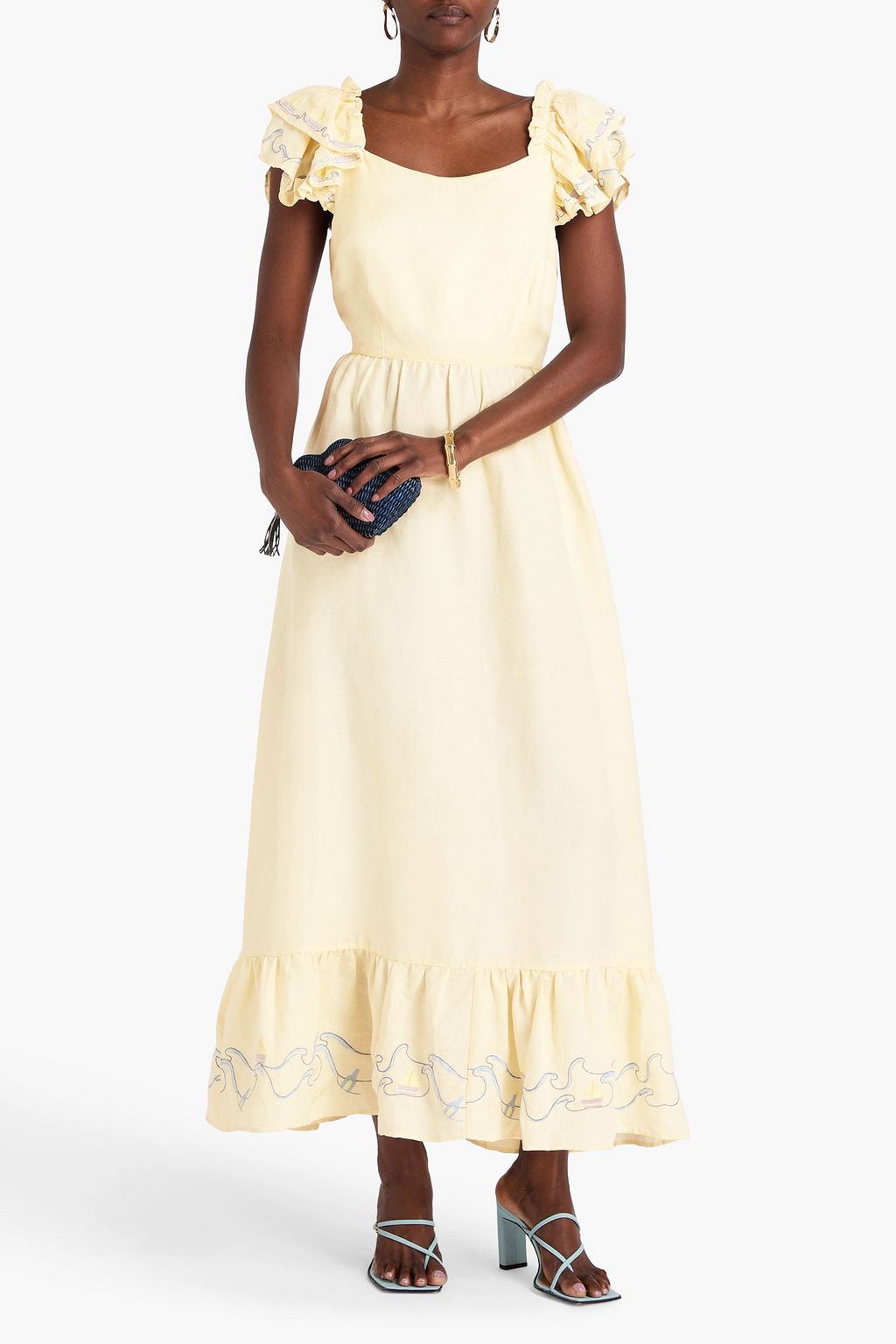 HELMSTEDT Maxikleid aus einer Leinenmischung mit Stickereien und Rüschen
