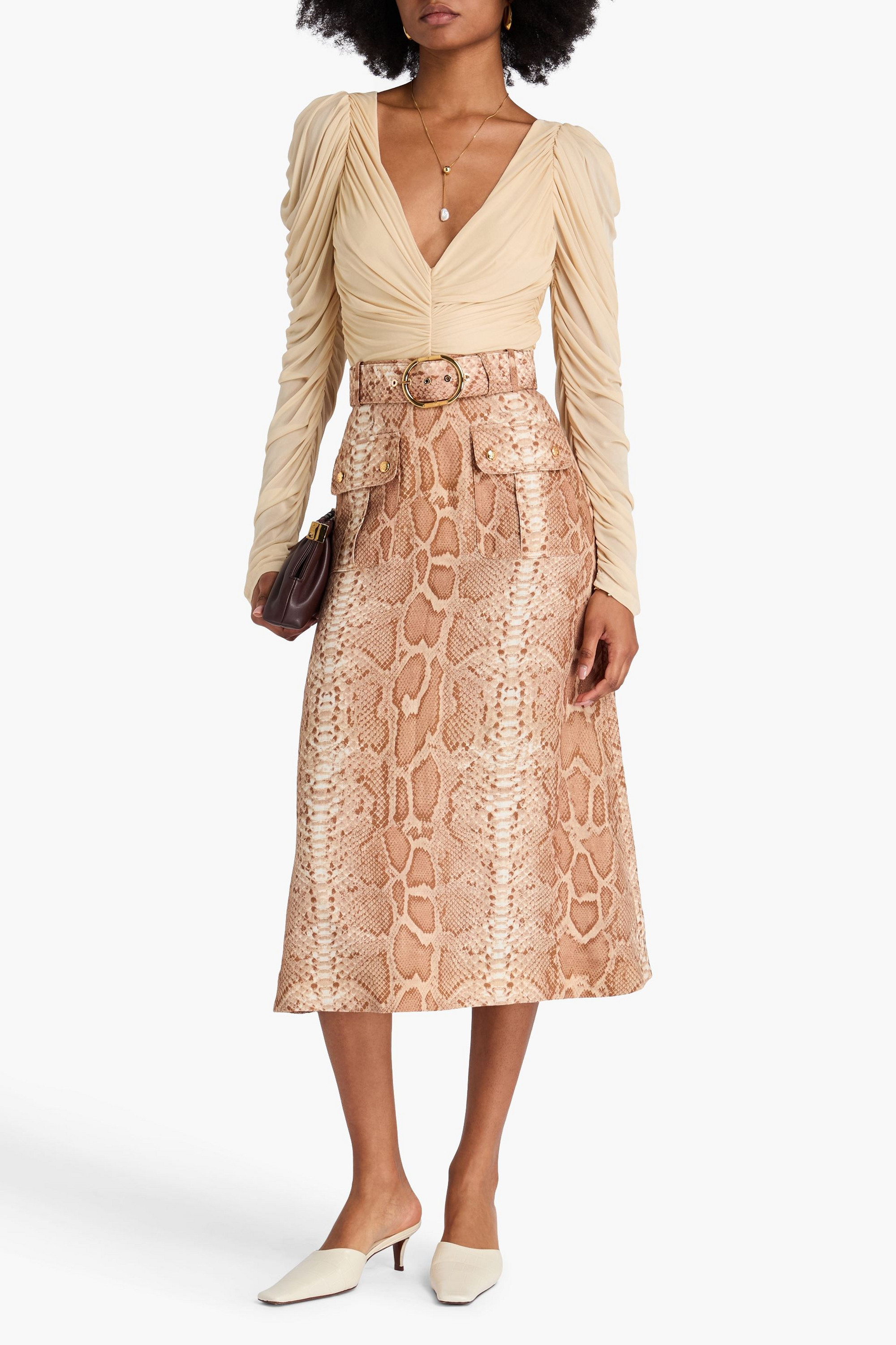 Zimmermann Belted snake-print linen midi skirt