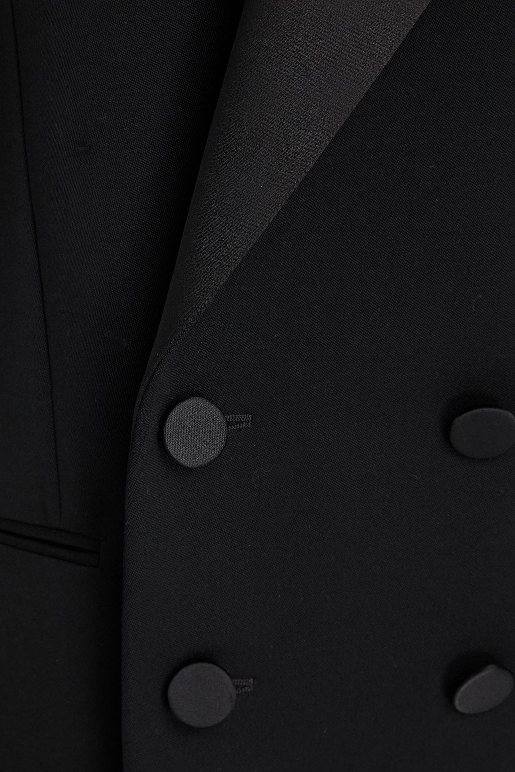 SAINT LAURENT 더블 브레스티드 새틴 패널 그랑 드 뿌드르 울 턱시도 재킷