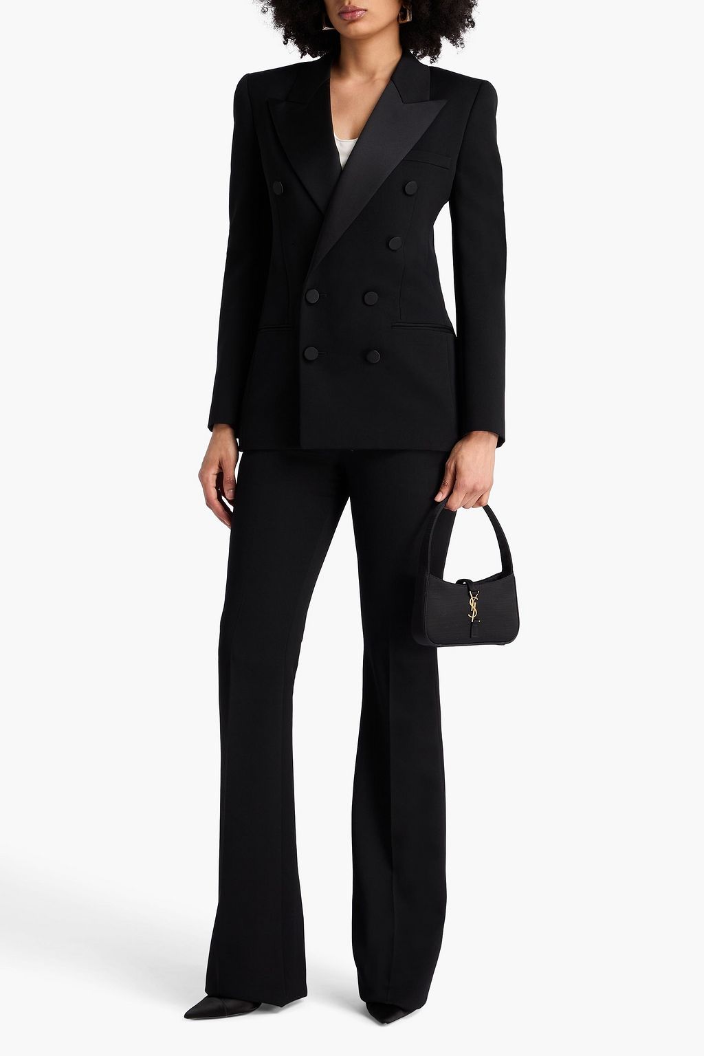 SAINT LAURENT 더블 브레스티드 새틴 패널 그랑 드 뿌드르 울 턱시도 재킷