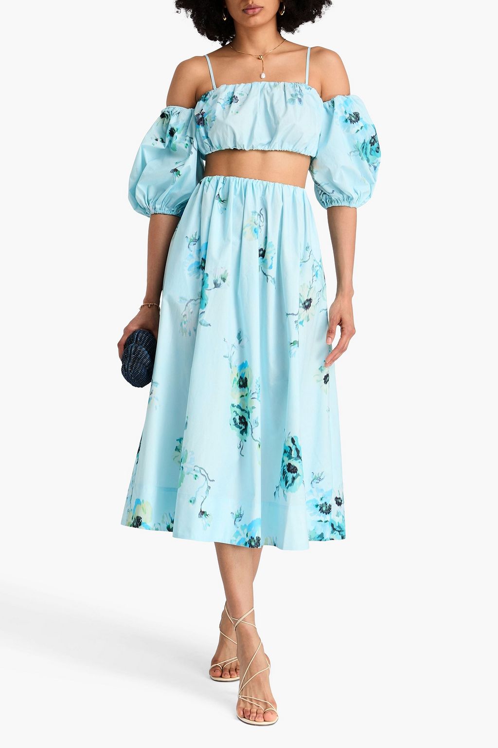 ZIMMERMANN Cropped cold-shoulder printed cotton-poplin top