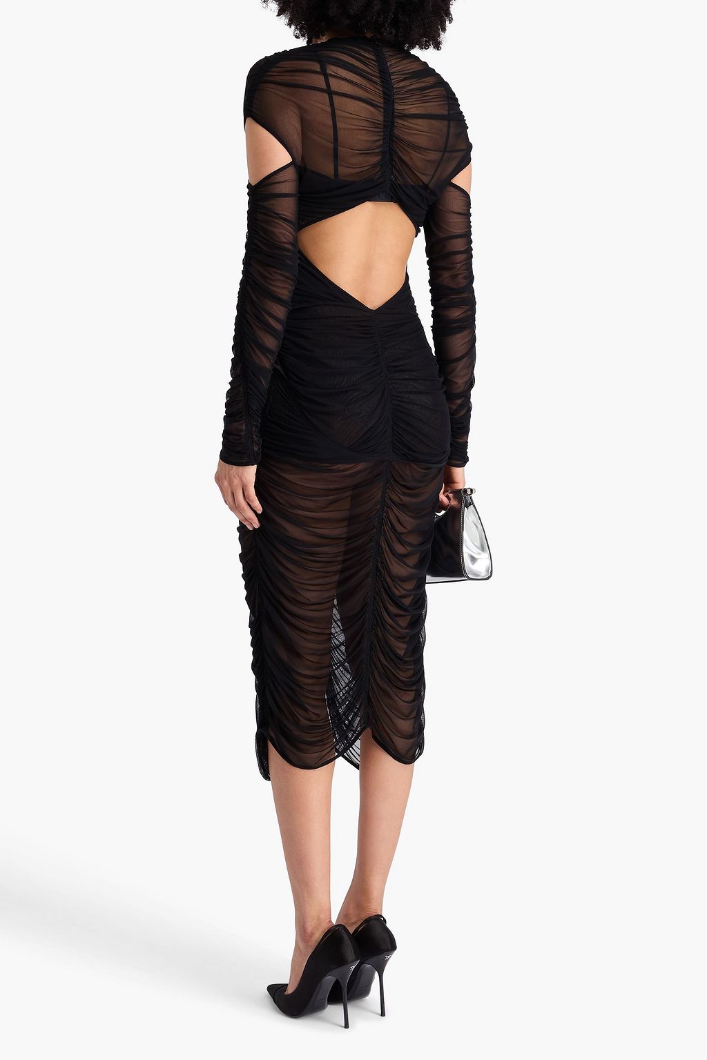 MUGLER Cutout ruched tulle midi dress