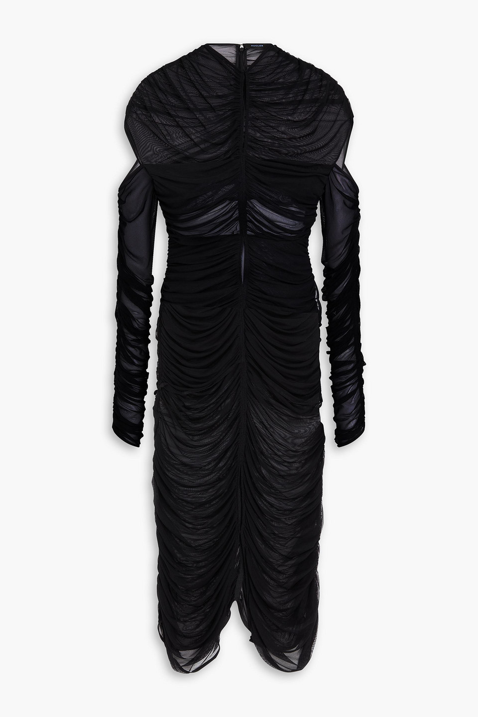 Mugler Cutout Ruched Tulle Midi Dress In Black
