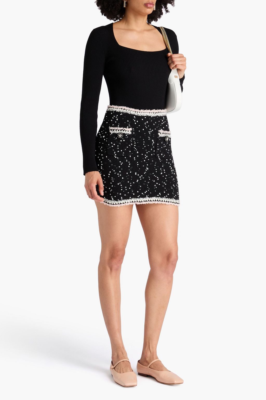 SELF-PORTRAIT Crystal-embellished bouclé-knit mini skirt
