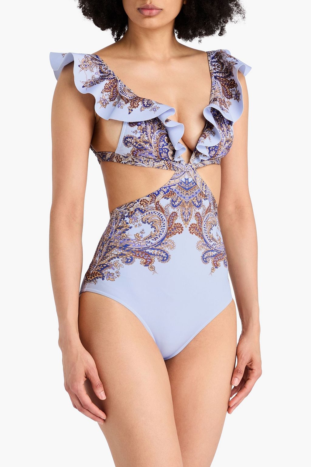 ZIMMERMANN Cutout ruffled printed swimsuit