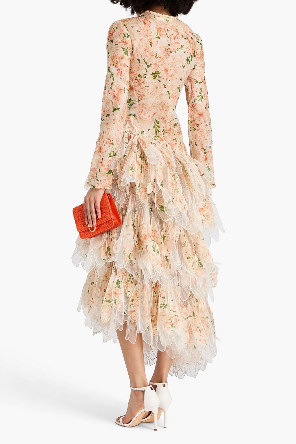 ZIMMERMANN リネン&シルク混ガーゼ ミディワンピース ティアード フローラルプリント