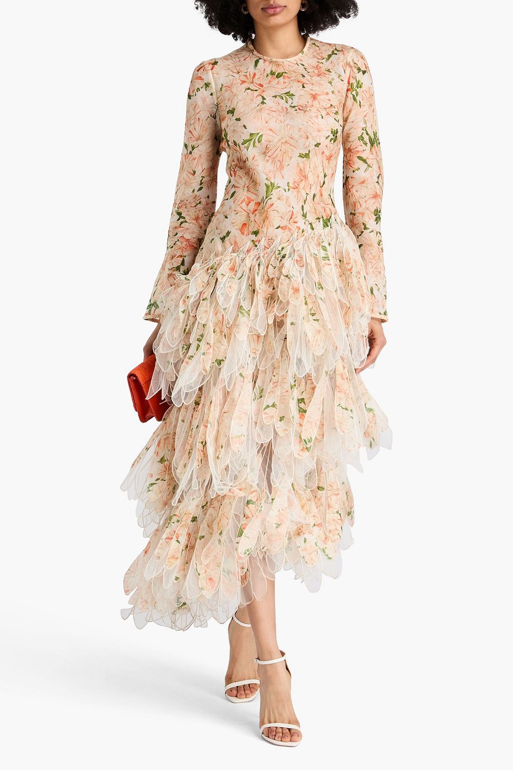 ZIMMERMANN リネン&シルク混ガーゼ ミディワンピース ティアード フローラルプリント