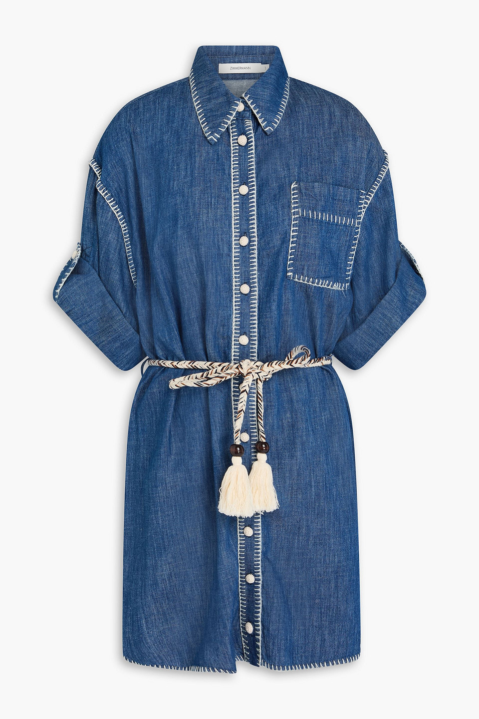 Zimmermann Whipstitched Denim Mini Shirt Dress In Blue