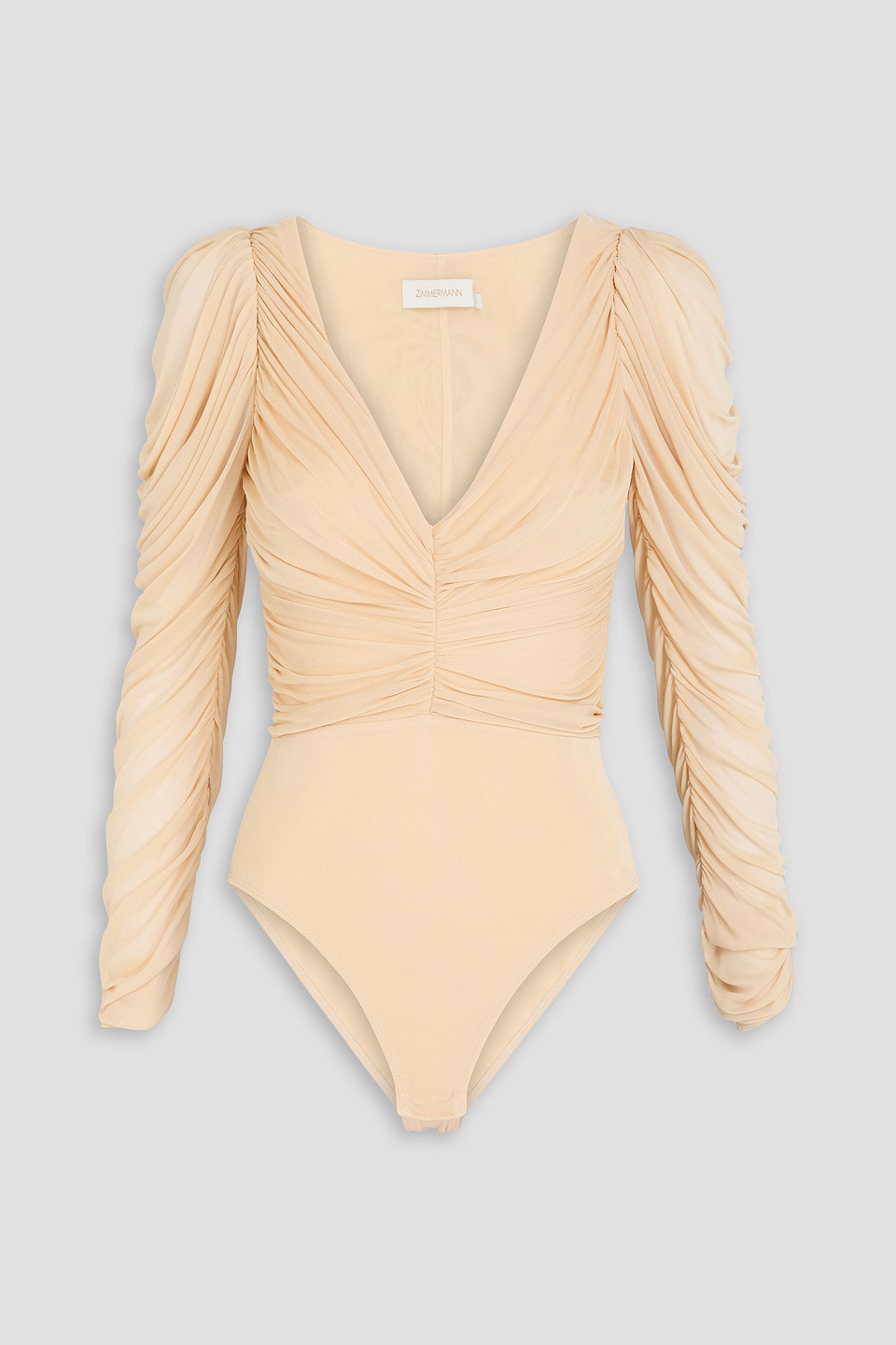 Zimmermann Ruched Stretch-knit Bodysuit In Neutral