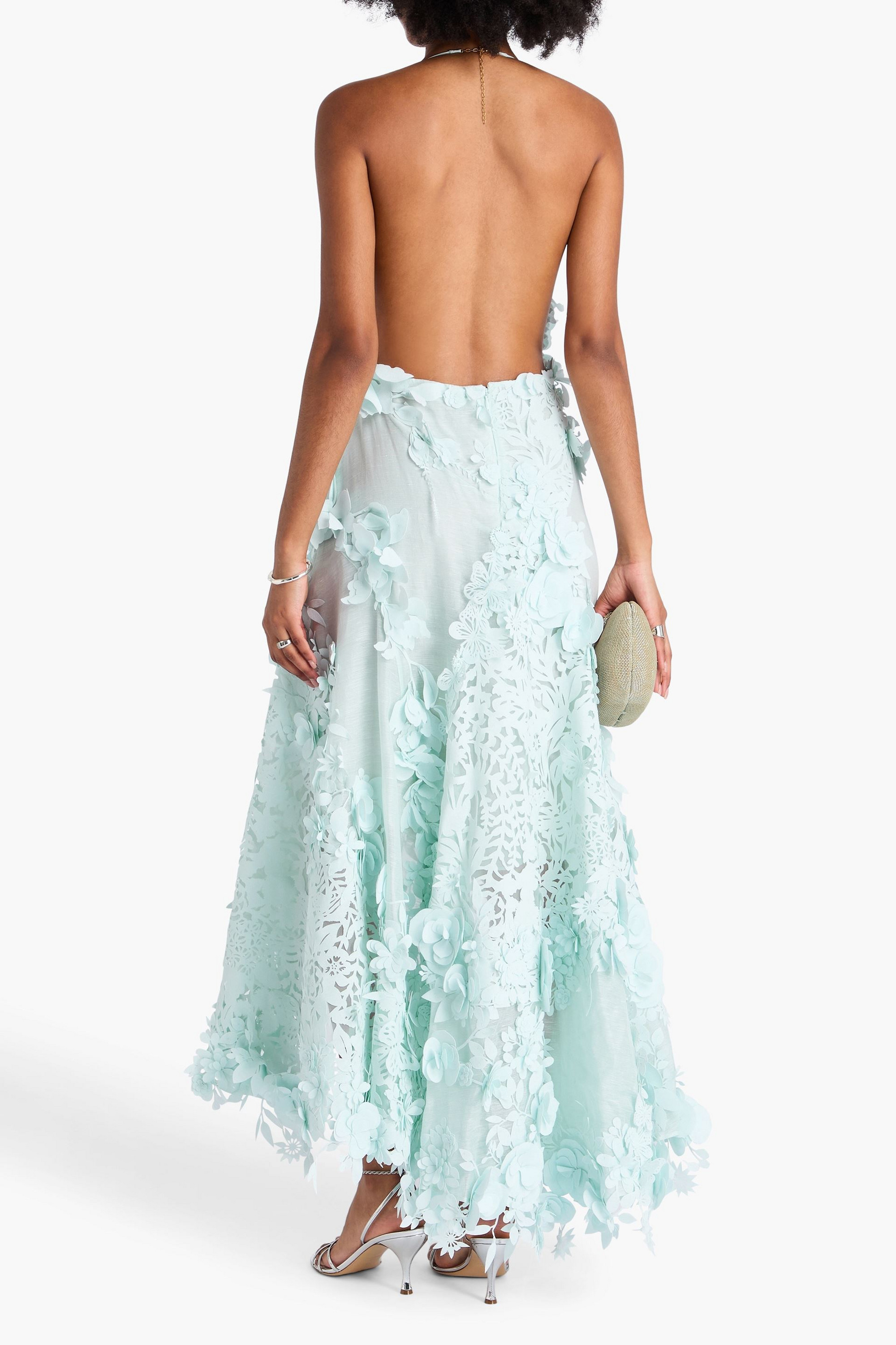 Zimmermann Asymmetric floral-appliquéd linen and silk-blend organza maxi dress