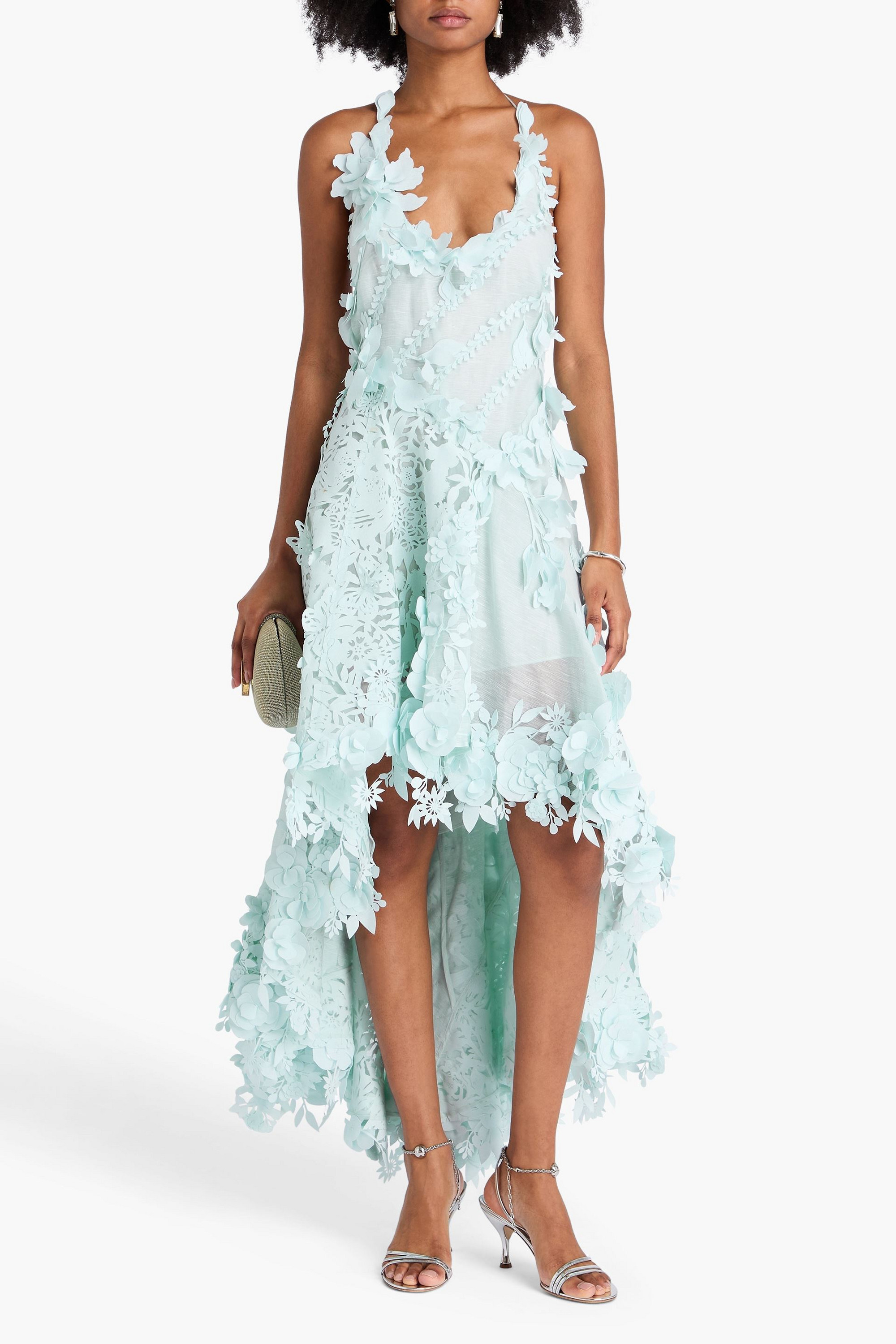 Zimmermann Asymmetric floral-appliquéd linen and silk-blend organza maxi dress