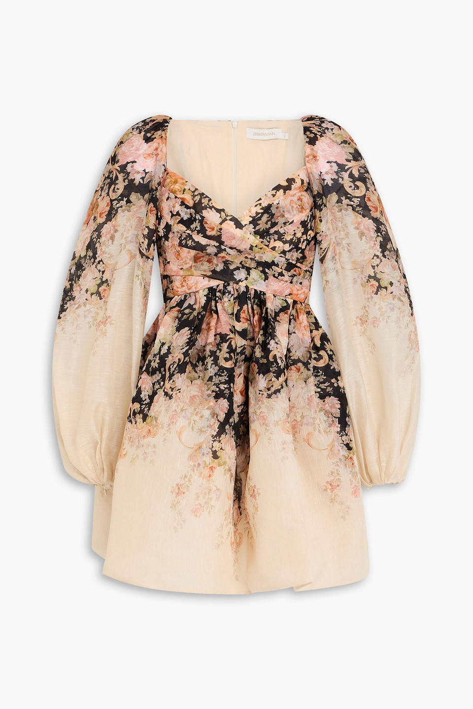 Zimmermann Pleated Floral-print Linen And Silk-blend Mini Dress In Neutral