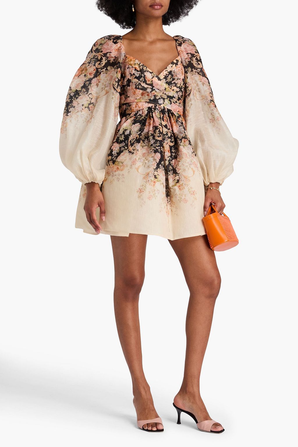 ZIMMERMANN リネン&シルク混 ミニワンピース プリーツ入り フローラルプリント