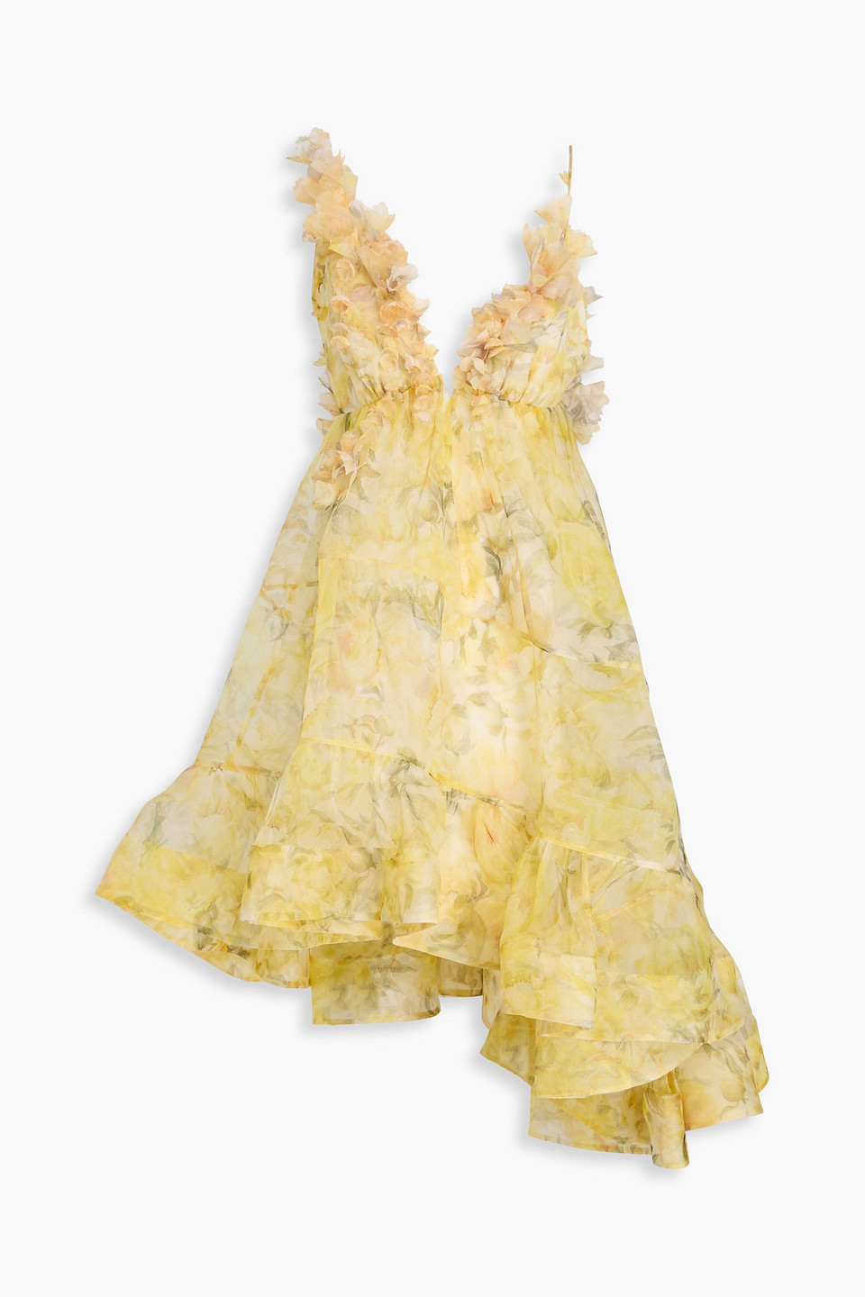 zimmermann - asymmetric floral-appliquéd printed silk-organza dress - yellow - 3