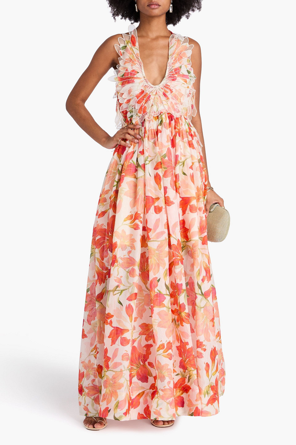  Zimmermann - Maxikleid Aus Organza Aus Einer Leinen-seidenmischung Mit Floralem Print Und Rückenausschnitt - Rot - 0 