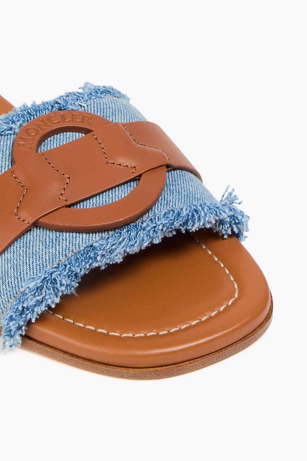 MONCLER Bell frayed denim and leather slides