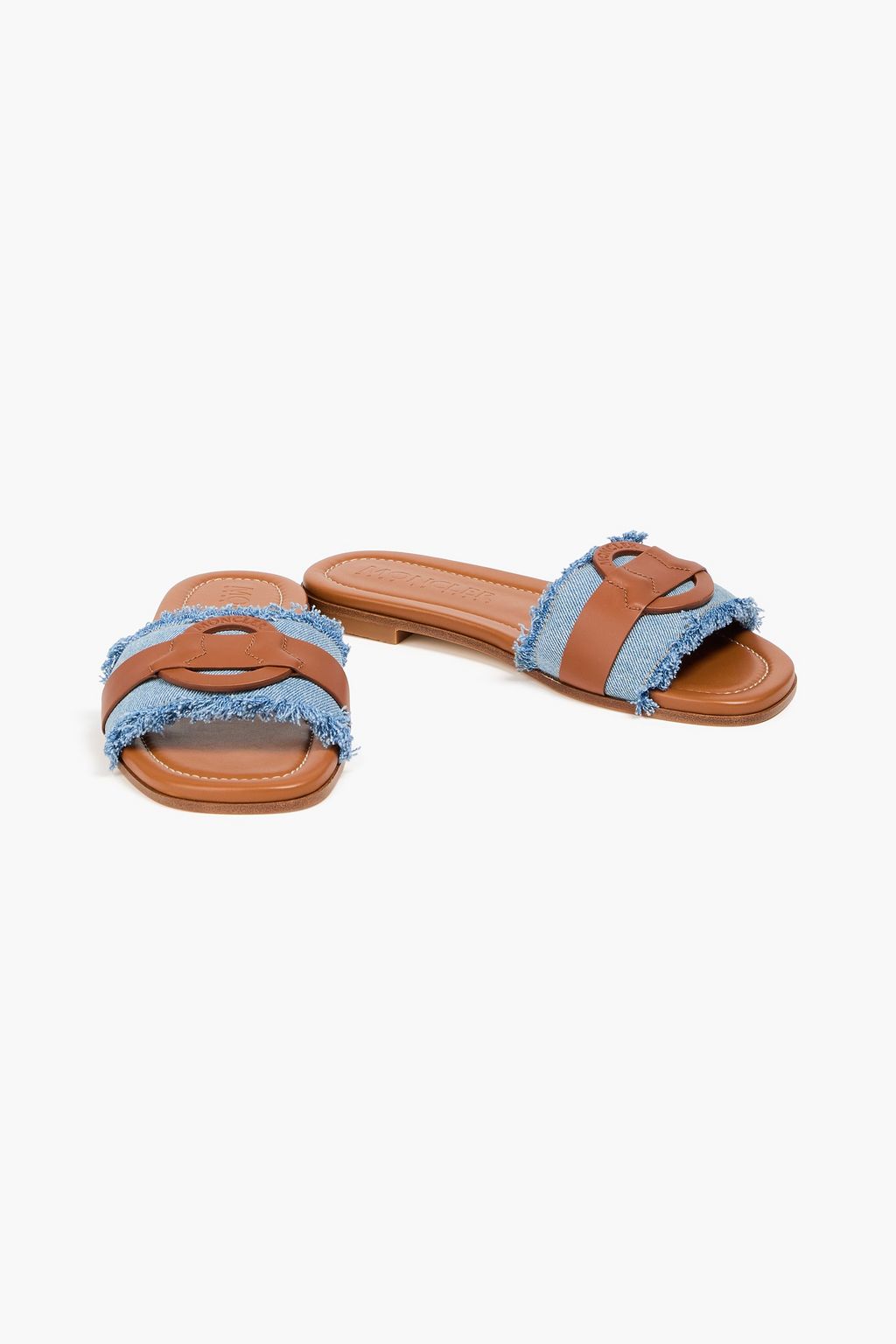 MONCLER Bell frayed denim and leather slides