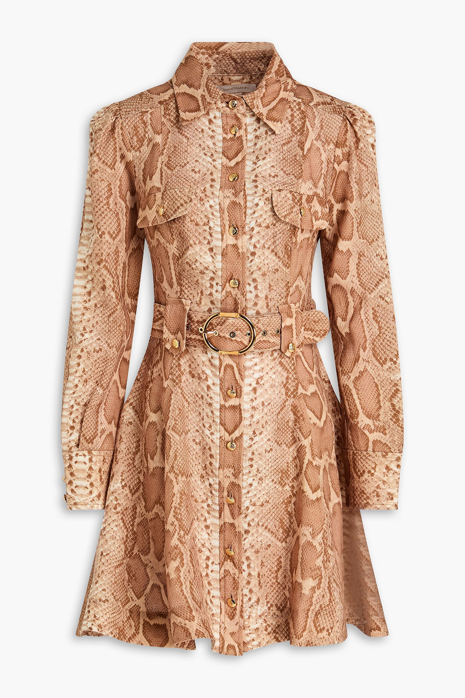Zimmermann Belted Snake-print Linen Mini Shirt Dress
