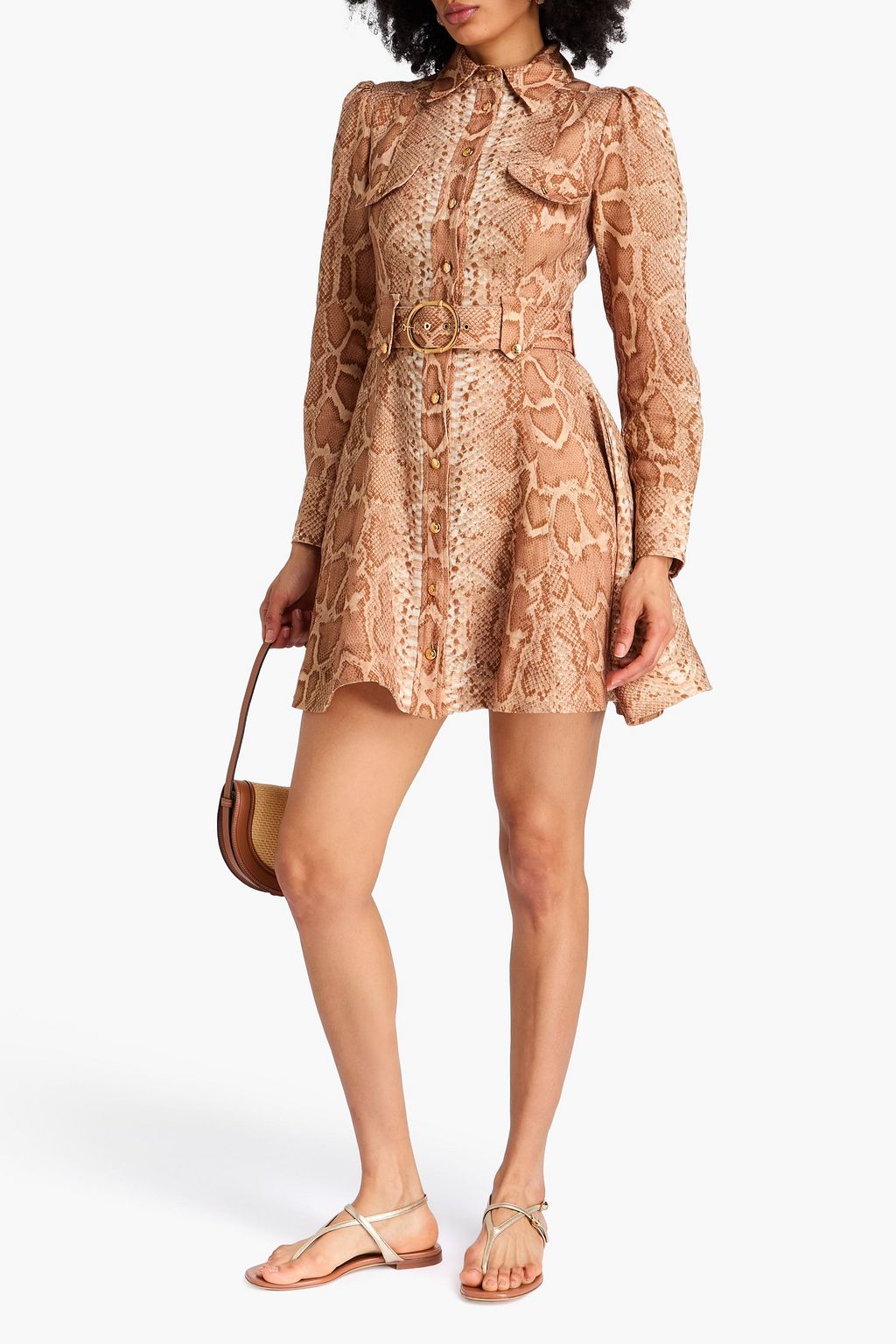 ZIMMERMANN リネン ミニシャツワンピース ベルト付き スネークプリント