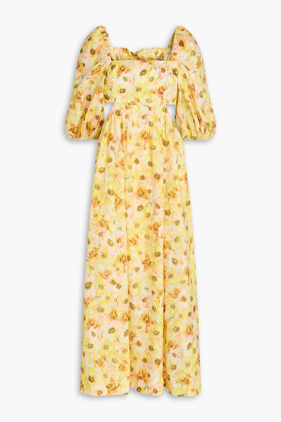 zimmermann - open-back floral-print linen midi dress - yellow - 00