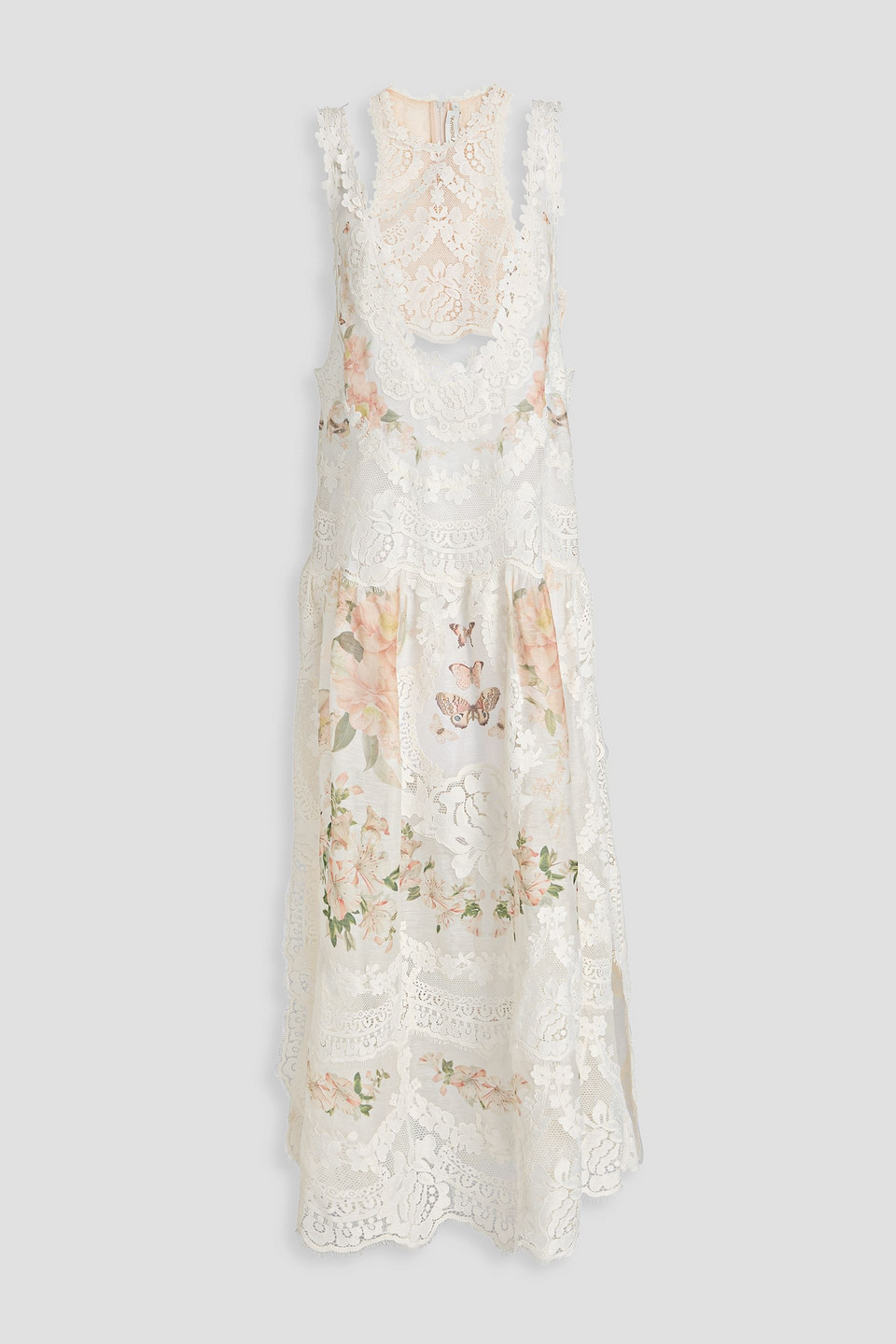 Zimmermann Lace-paneled Printed Linen And Silk-blend Organza Maxi Dress