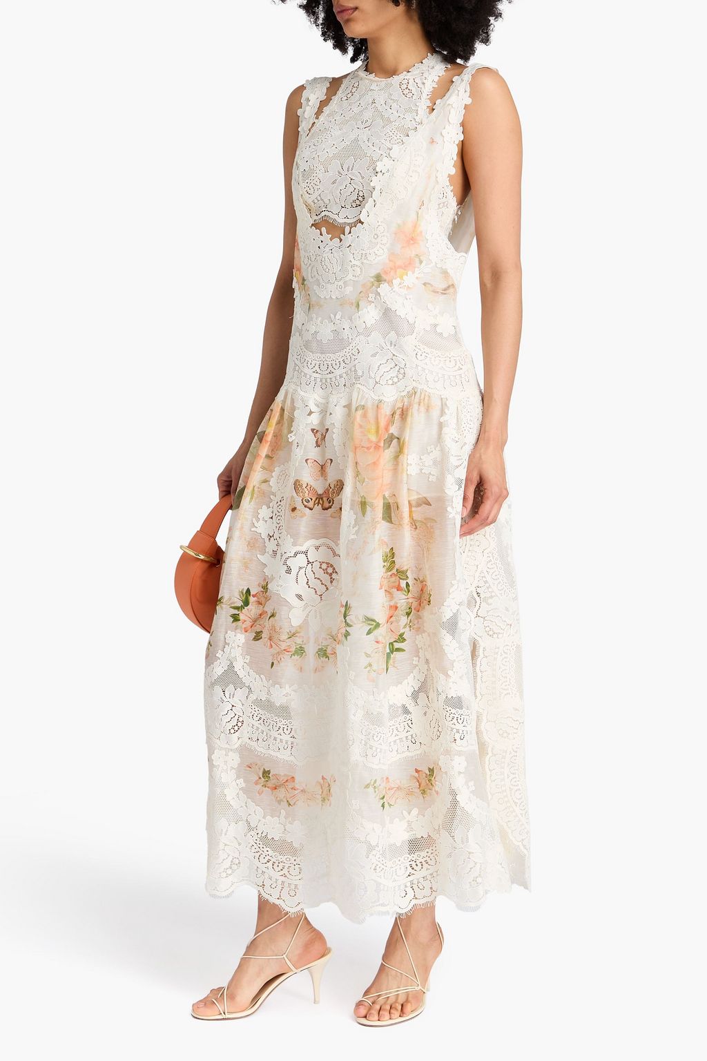 ZIMMERMANN Maxikleid aus Organza aus einer Leinen-Seidenmischung mit Print und Spitzeneinsätzen