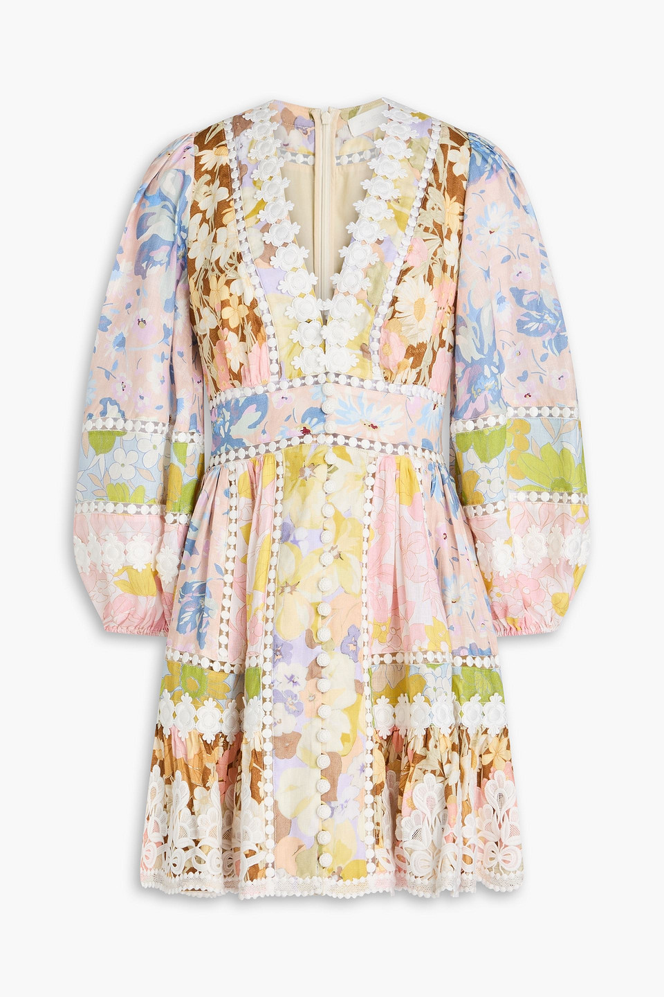 Zimmermann Crocheted Lace-trimmed Floral-print Linen Mini Dress In Multi