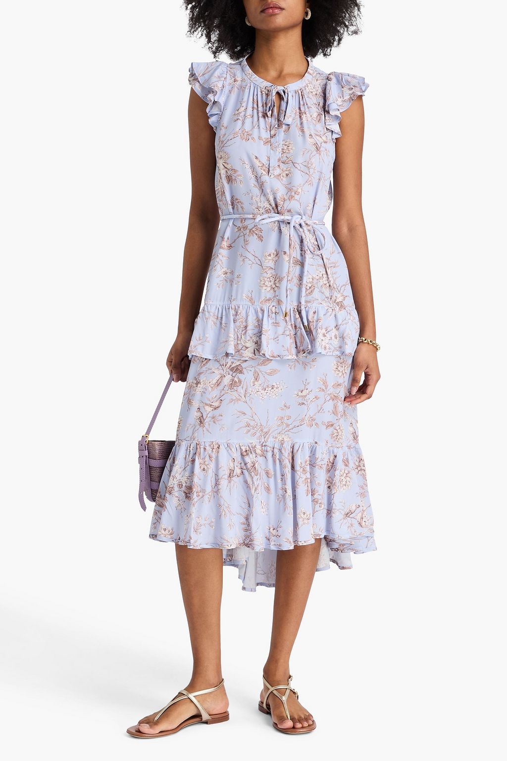 ZIMMERMANN Midikleid aus Crêpe mit floralem Print und Rüschen