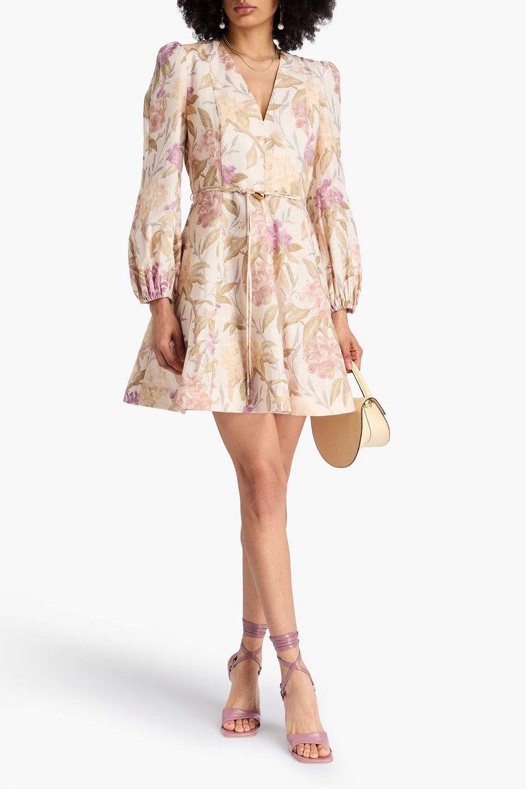 ZIMMERMANN Minikleid aus Leinen mit floralem Print und Gürtel