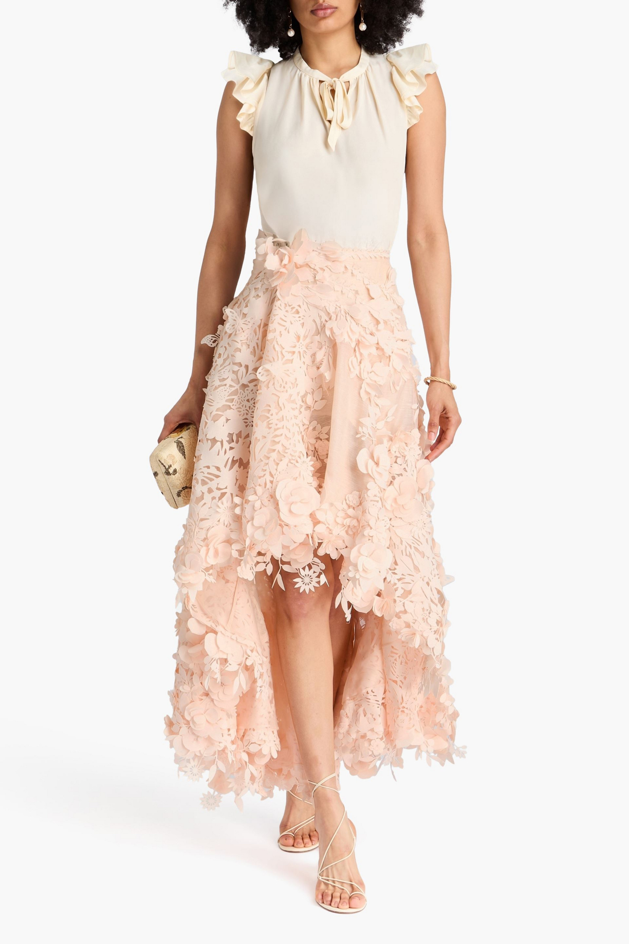 Zimmermann Floral-appliquéd linen and silk-blend organza maxi skirt