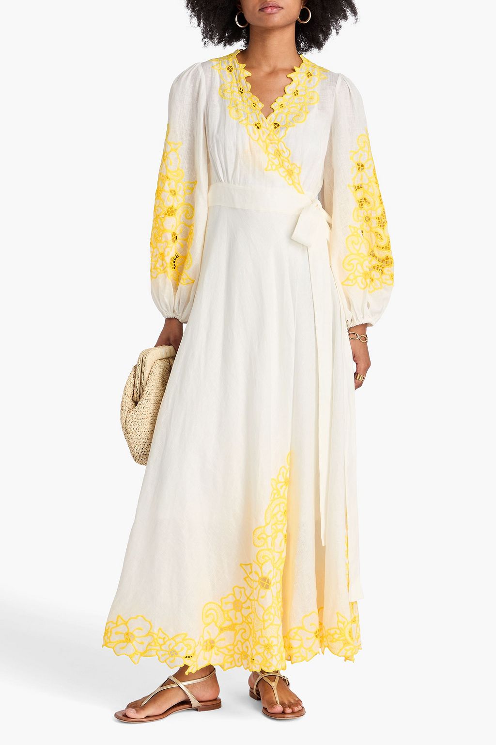 ZIMMERMANN Maxi-Wickelkleid aus Leinen mit Lochstickerei