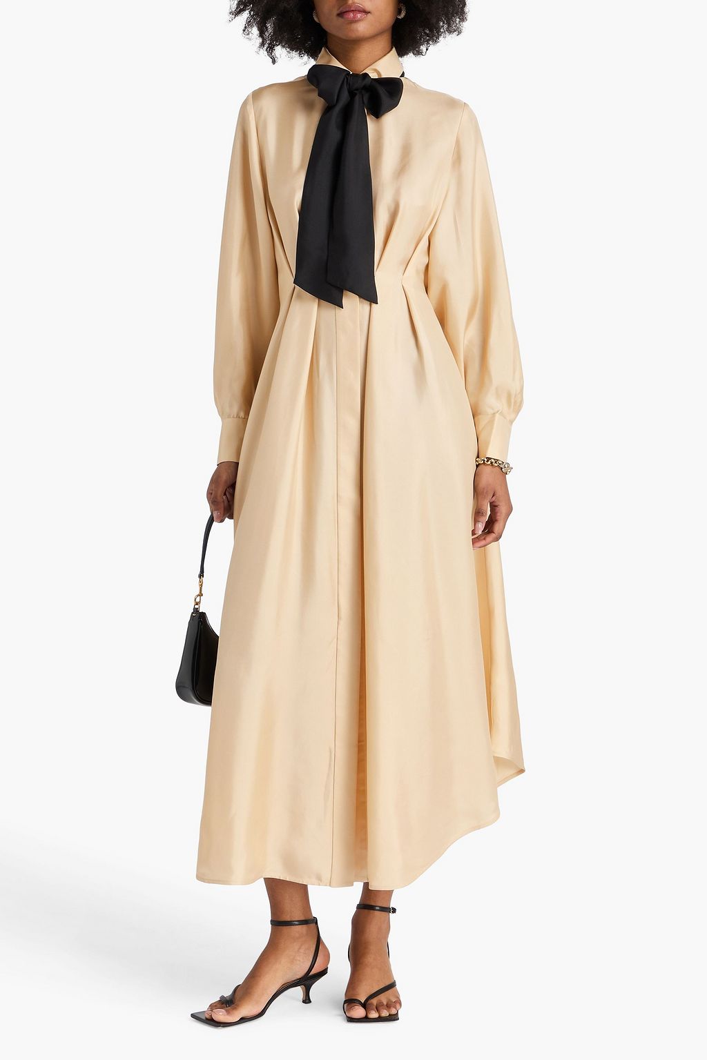 ZIMMERMANN シルクツイル ミディシャツワンピース リボンタイ プリーツ入り