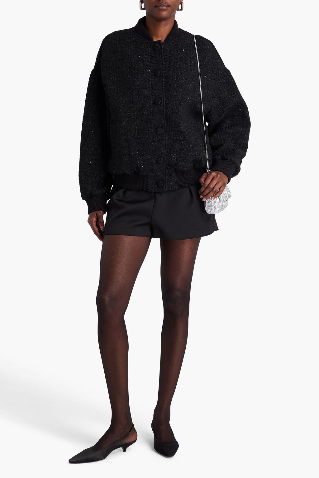 CLAUDIE PIERLOT 시퀸 장식 부클레 트위드 보머 재킷