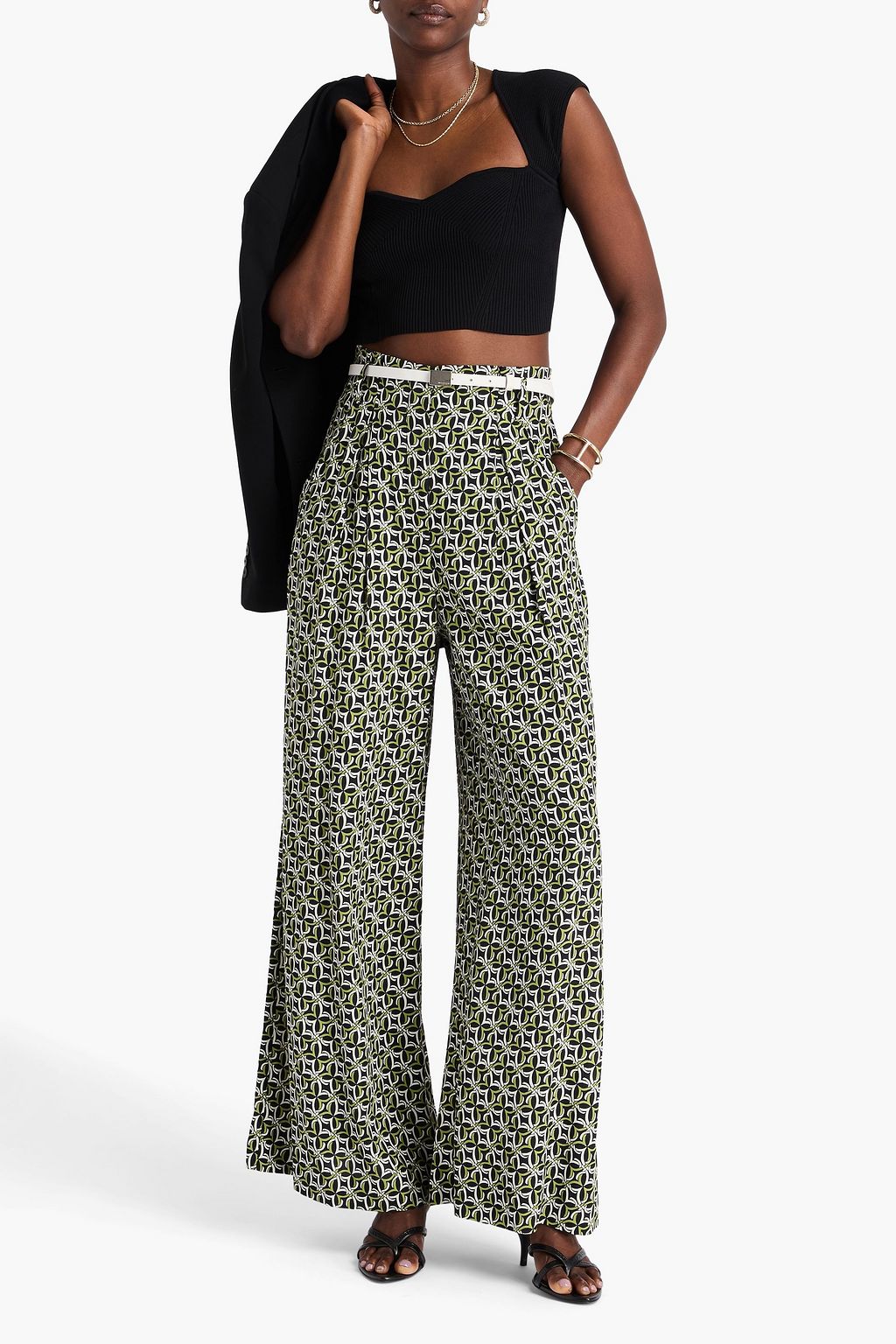 DIANE VON FURSTENBERG クレープ ワイドレッグパンツ タック&プリント入り