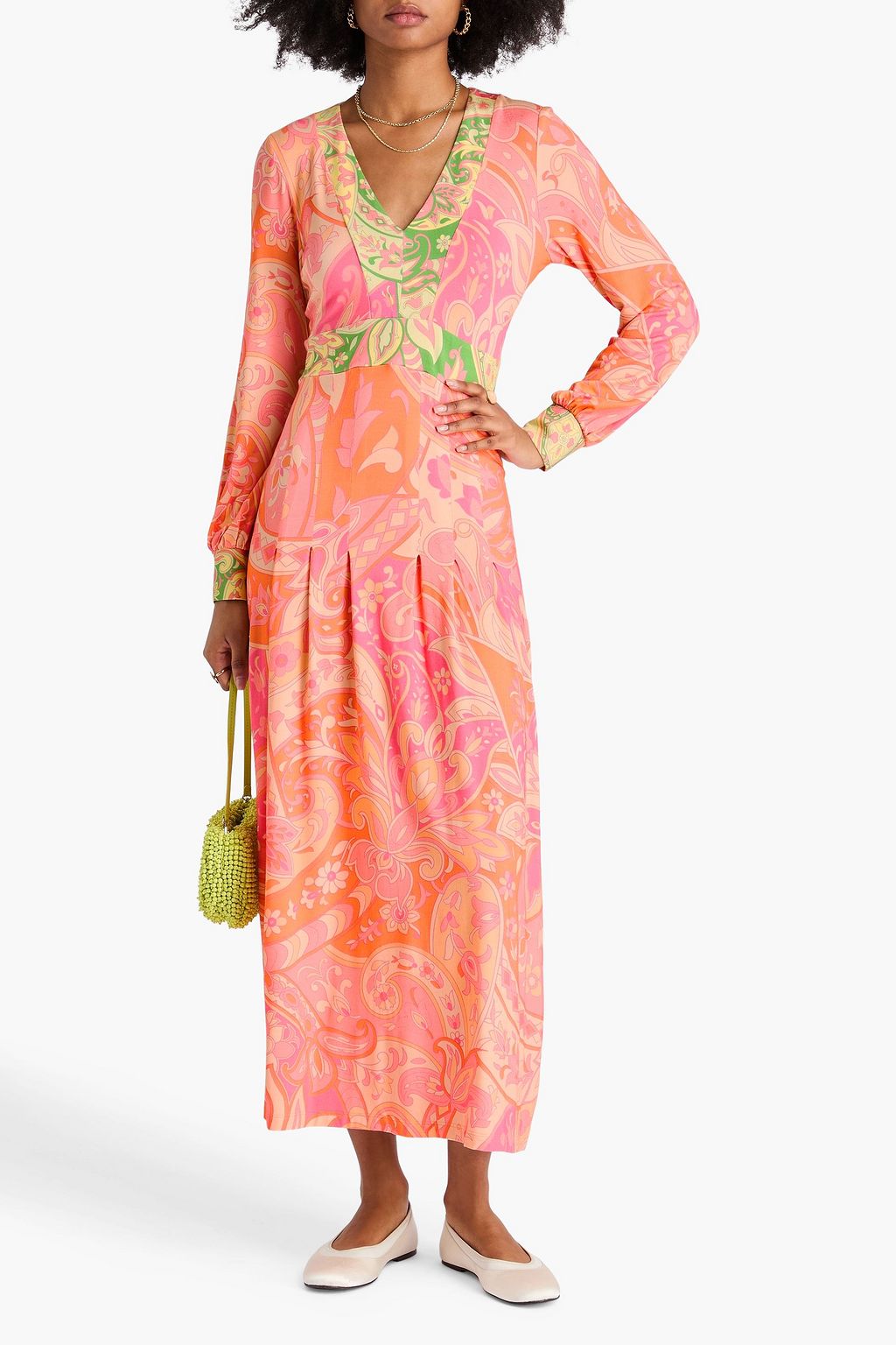 RIXO Plissiertes Midikleid aus Jersey mit Print