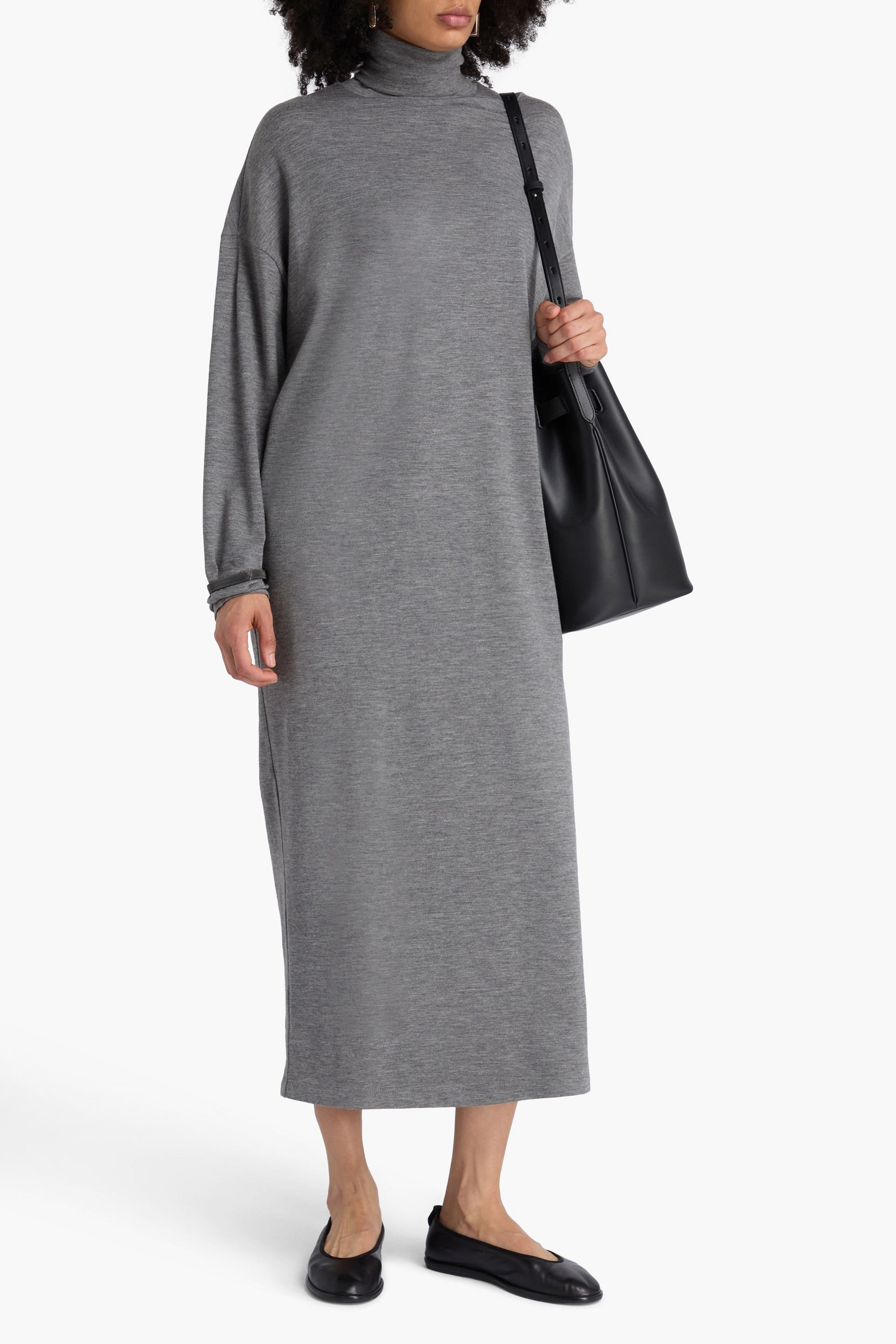 Brunello Cucinelli Bead-embellished wool-blend jersey turtleneck midi dress