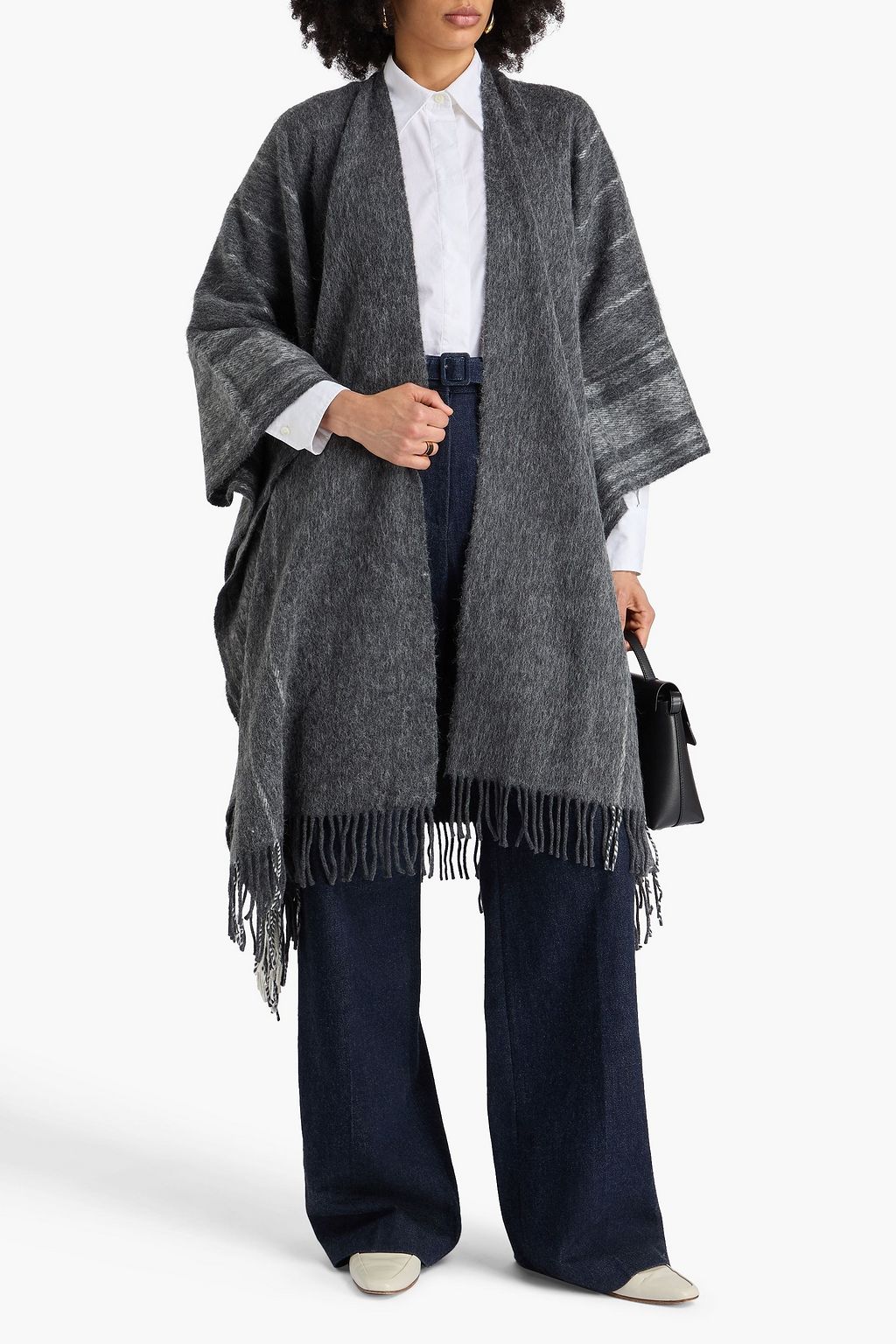 BRUNELLO CUCINELLI Fringed striped wool-blend twill cape