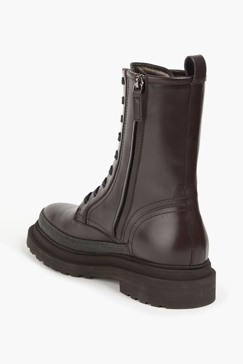 Brunello Cucinelli Bead-embellished Leather Combat Boots In Brown