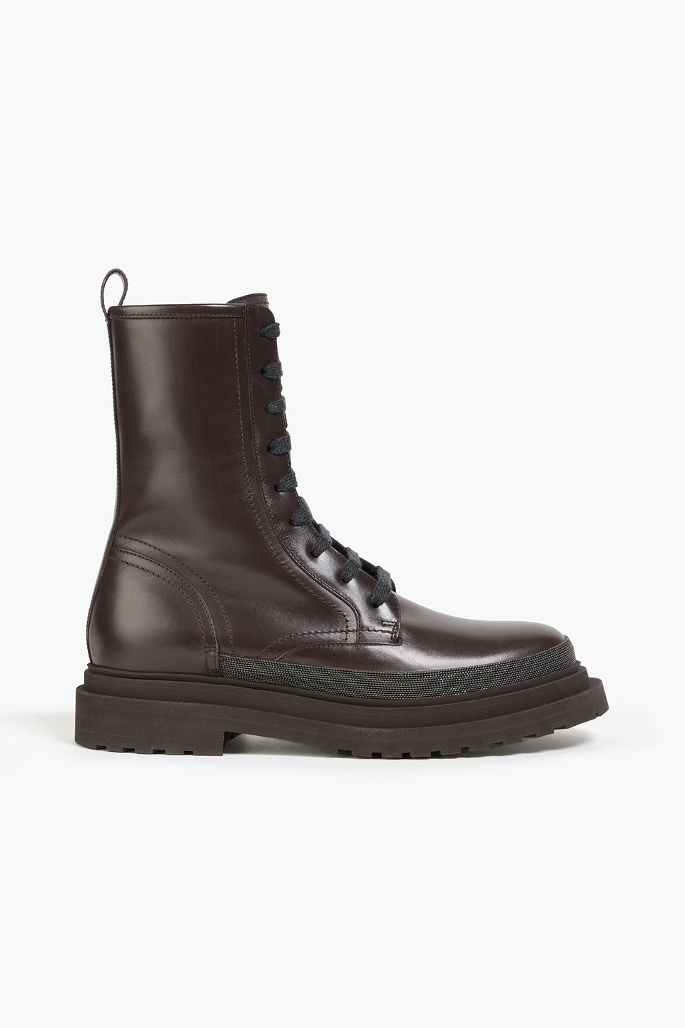 Brunello Cucinelli Bead-embellished Leather Combat Boots In Brown