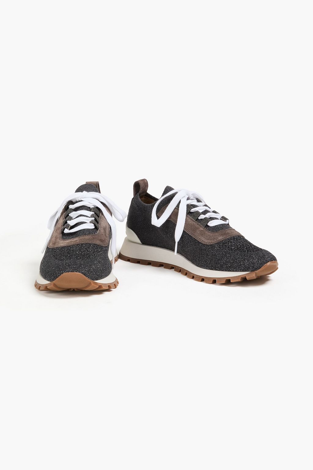 BRUNELLO CUCINELLI Sneakers aus Metallic-Strick mit Velourslederbesatz