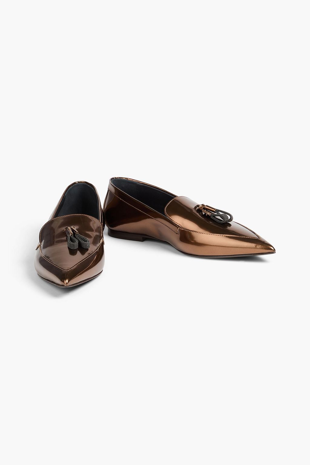 BRUNELLO CUCINELLI 비즈 장식 메탈릭 페이턴트 가죽 로퍼