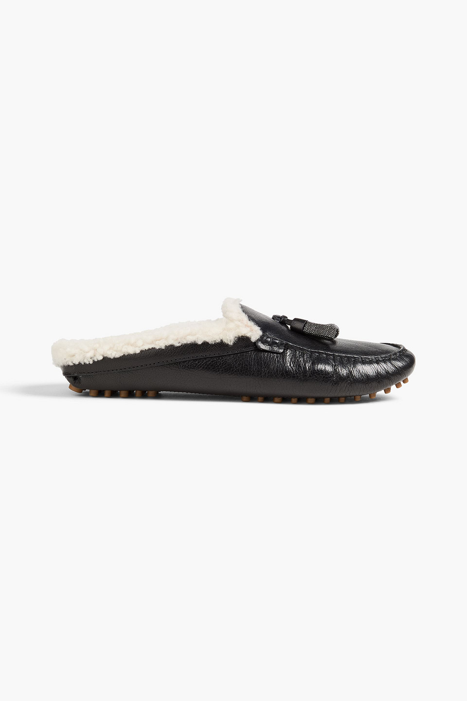 Brunello Cucinelli Slippers Aus Leder Mit Zierperlen Und Shearling-futter In Animal Print