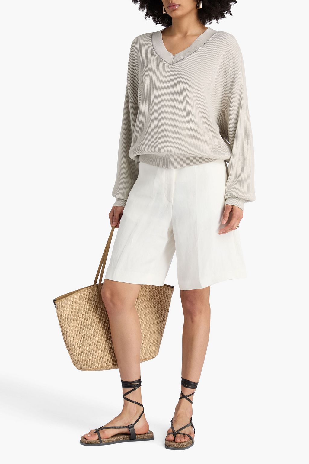 BRUNELLO CUCINELLI Bead-embellished ribbed cotton sweater