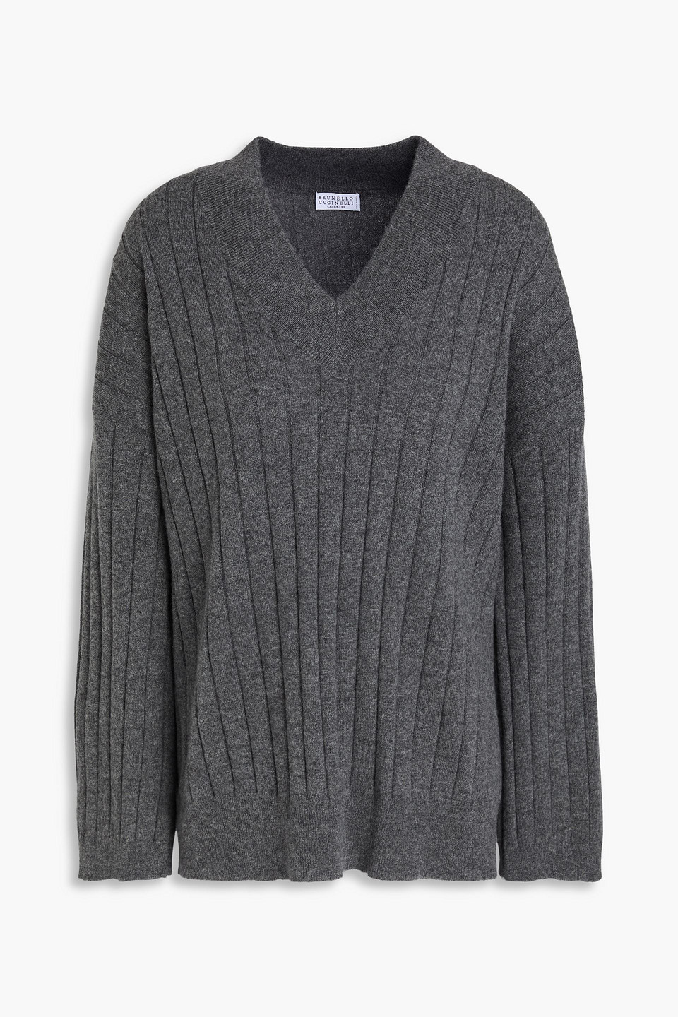 Brunello Cucinelli Bead-embellished Ribbed Cashmere Sweater In Gray