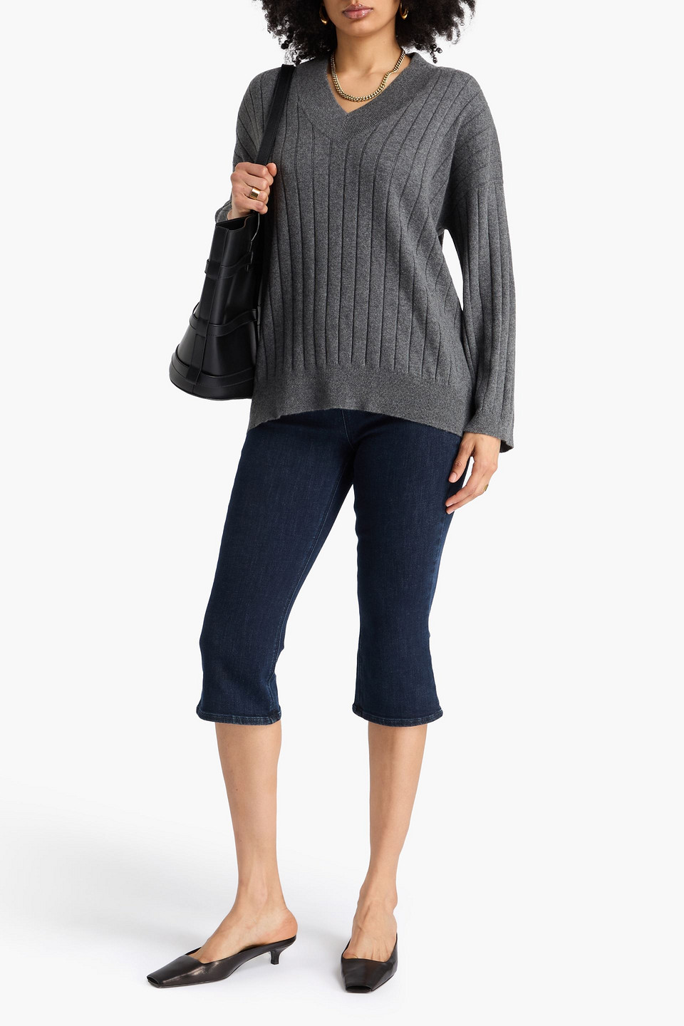 Brunello Cucinelli Bead-embellished Ribbed Cashmere Sweater In Gray