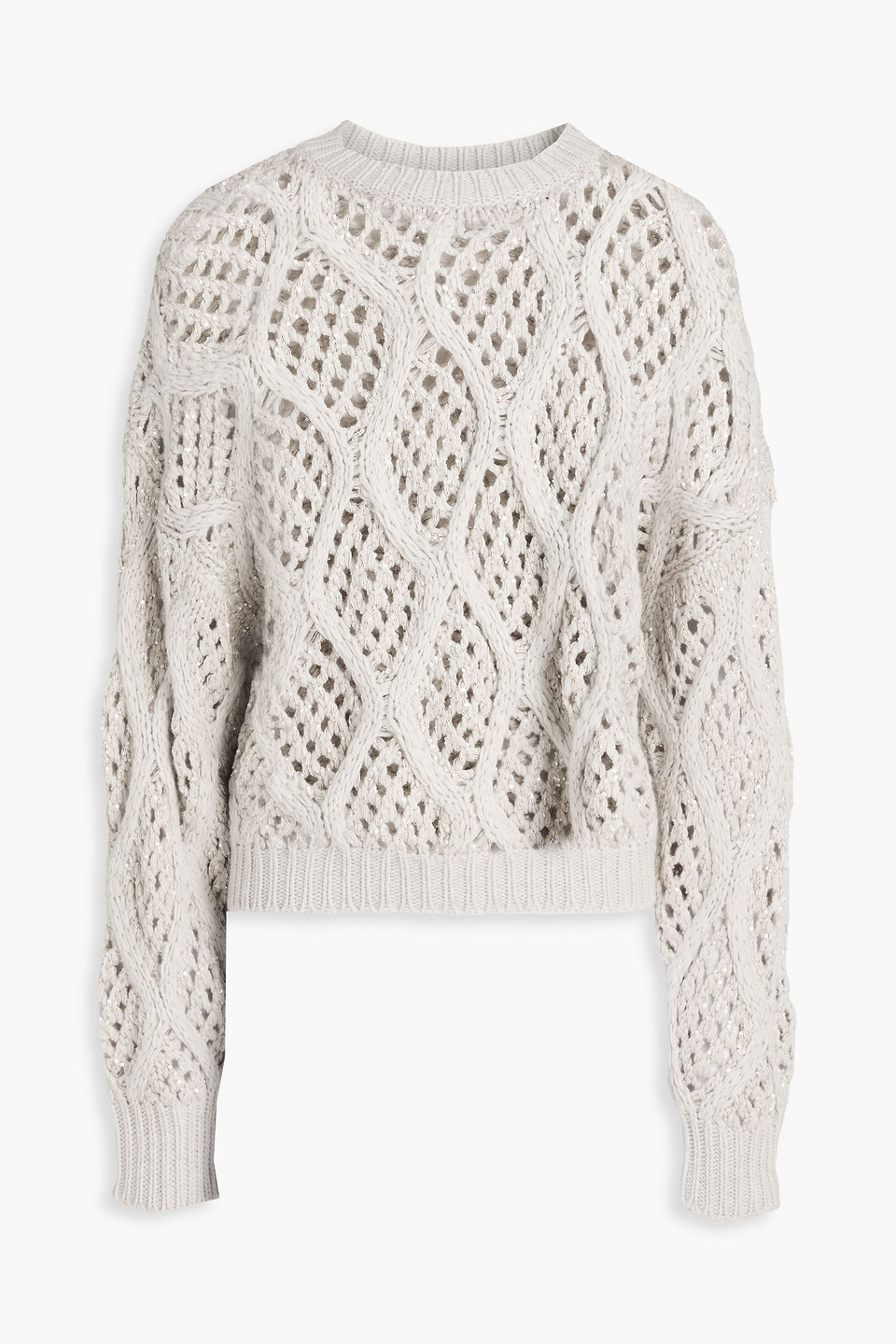 Brunello Cucinelli Sequin-embellished Open-knit Cashmere Sweater In Gray