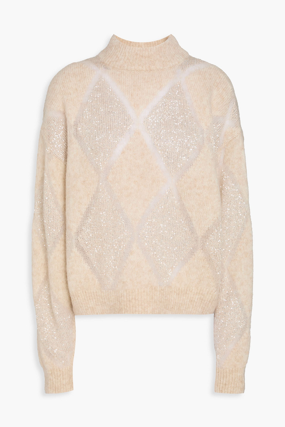 Brunello Cucinelli Sequin-embellished Argyle Wool And Mohair-blend Turtleneck Sweater In Nude